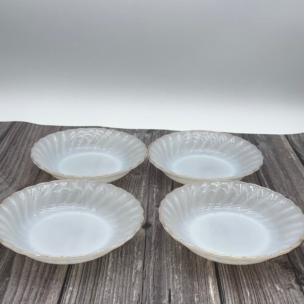 Vintage Fire King Milk Glass Swirl Bowls Gold Trim Set of 4 Anchor Hocking 7.5"
